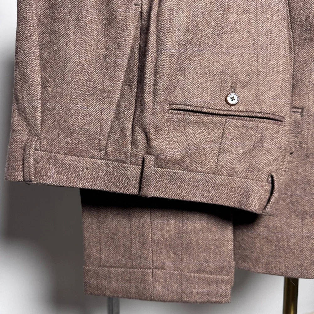 Rare J.Crew Suit Men 38S 29W Brown Herringbone Wool Kenmare Double Breasted Peak